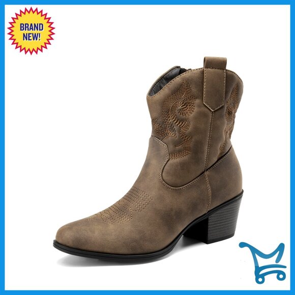 Women's Western Cowboy Booties with Embroidered Detail Chunky Heel Ankle Boots